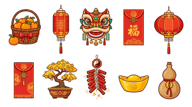 Chinese New Year vector icon set with basket of tangerines, red hanging lanterns, lion dance head, red envelope hongbao, golden bonsai tree, firecrackers with yin yang charm, gold sycee ingot, and wu 