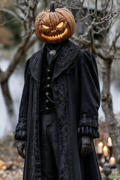 Mysterious Pumpkin-Headed Gentleman in Elegant Victorian Gothic Costume for Halloween