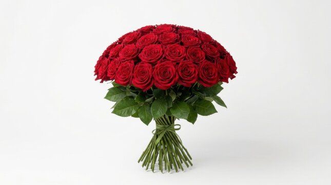 A large and beautiful bouquet of fresh red roses tied with a ribbon isolated on a white background