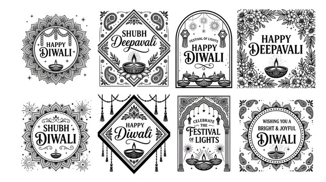Black and White Happy Diwali Greeting Design Collection with Ornamental Mandala, Traditional Diyas and Decorative Floral Borders