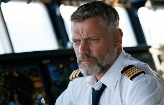 Tanker captain monitoring maritime threat from the bridge of a modern ship