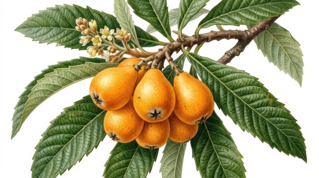 A detailed botanical illustration of a loquat branch featuring ripe yellow orange fruit and textured green serrated leaves