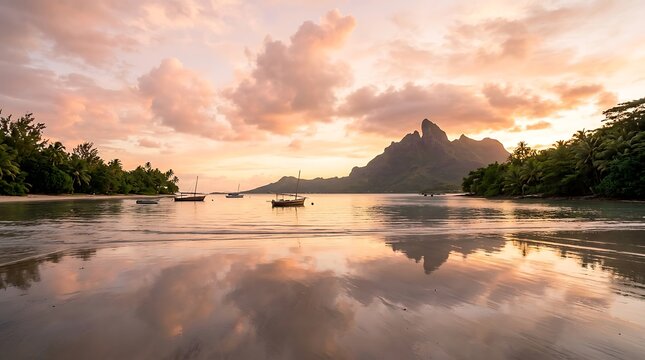 Tropical sunset over bora bora lagoon with traditional boats and
