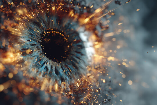 eye tech of quantum space, blue iris exploding into golden sparks, photorealistic