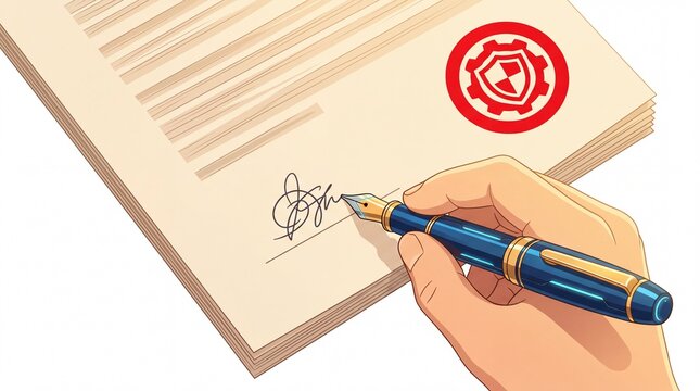 Close up illustration of a businessman hand signing a legal contract or official document with a luxury fountain pen, featuring a red security seal and shield icon for authorized agreement.