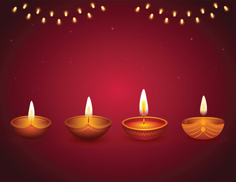 Diwali Diya Set with Glowing Fairy Lights on Red Background