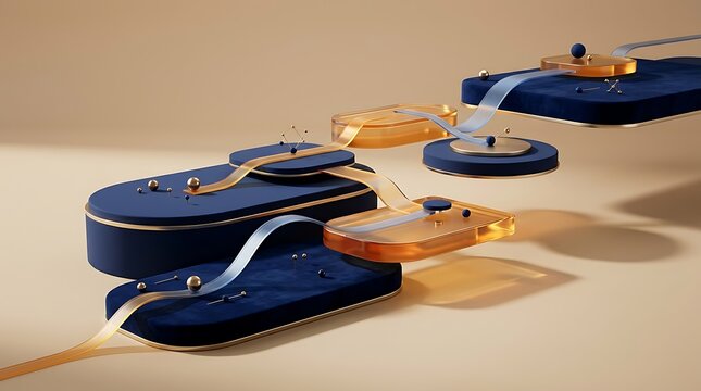 Abstract composition of floating dark blue rectangular forms connected by flowing light ribbons with shapes platforms geometric objects ribbon stream blocks