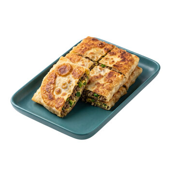 Crispy pan fried Saudi mutabbaq stuffed with minced meat and green onions arranged on a modern green ceramic plate for bakery and cafe menus on transparent background