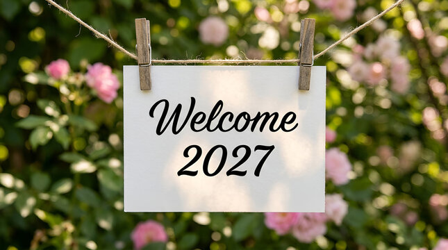 Welcome 2027 Text on White Sign Hanging Outdoors Against Blooming Flowers.