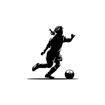 Black silhouette of a young female soccer player with highlight effect on white background