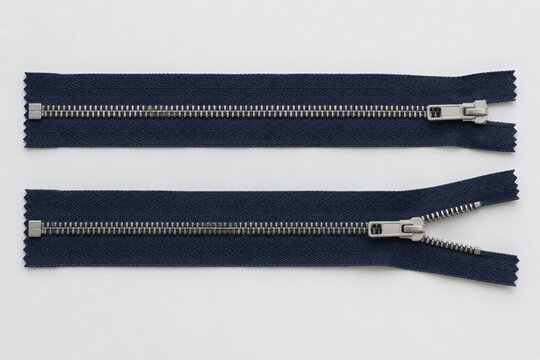 Two navy blue zippers with metallic teeth and sliders on light background, one fully closed and one partially open, showing functional design and craftsmanship