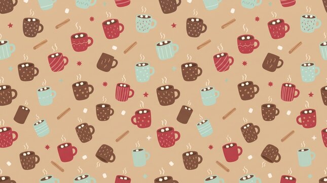 Seamless pattern of hot cocoa mugs with marshmallows on a warm tan background mug chocolate coffee cup marshmallow beverage caffeine illustration wallpaper