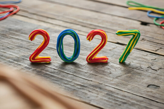 Colorful Number Candles Spelling Out 2027 on Wooden Surface for New Year Celebration.