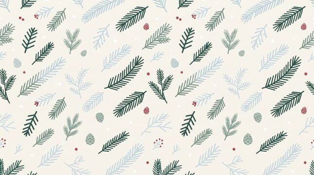 Repeated botanical print of pine tree branches on a neutral cream backdrop with branch fir needle leaf seamless pattern evergreen background illustration woodland