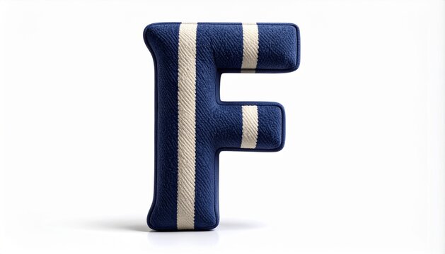 3D Letter F Made of Navy Blue Striped Fabric Isolated on White Background