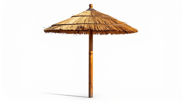Tropical straw beach umbrella isolated on white background, sun parasol for summer vacation