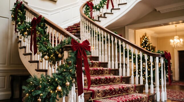 Stately staircase decorated with festive evergreen garlands and rich velvet bows interior design decorations banister holidays christmas tradition celebration