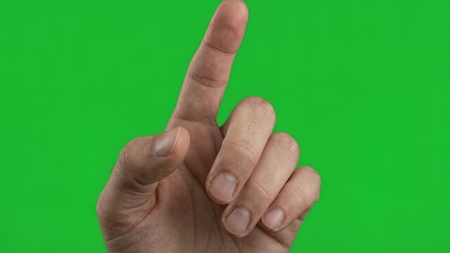 Confident hand pointing finger touch gesture on green screen background for interactive digital virtual cloud connection