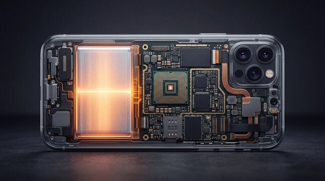 Detailed internal view of a modern smartphone showing the circuit board, central processing unit, glowing battery, and triple camera system, showcasing high-tech electronic engineering and hardware.