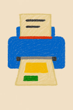 A brightly colored office printer actively produces a newly printed document in a charming hand drawn artistic style that brings creativity and warmth to everyday workplace tasks