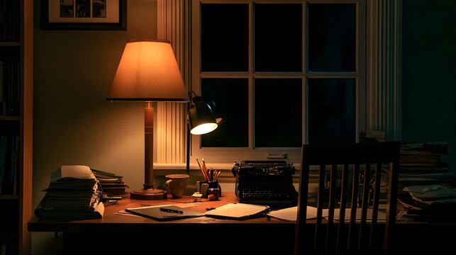 Writing Desk Silhouetted Beneath A Warm Lamp During An Evening Session