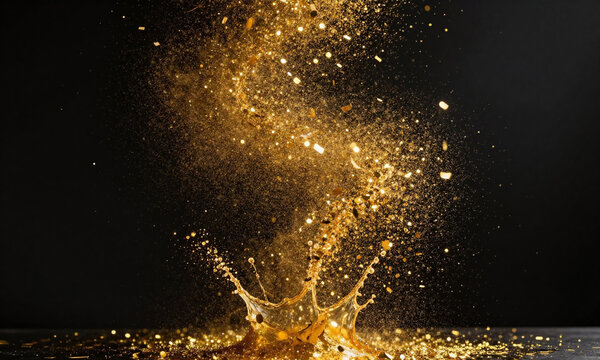 splash golden confetti explodes deep black backdrop radiating bright shimmering glitter catches light vibrant