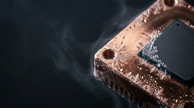 Frost Crystals Forming on Copper and Silicon Processor Closeup