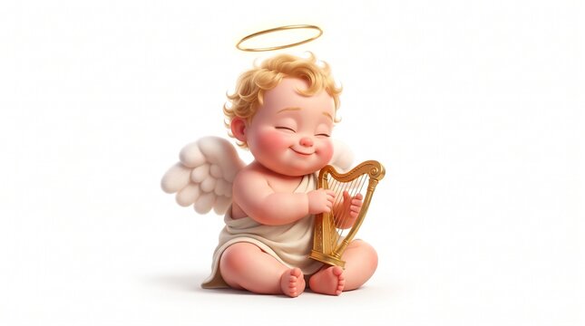 3D render of peaceful baby cherub with wings and halo sitting and playing miniature golden harp. Heavenly music and Christmas angel concept isolated on white background.