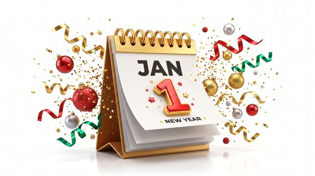 3D render of gold desktop calendar opened to January 1 surrounded by exploding confetti, festive ribbons and baubles. New Year celebration concept isolated on white background.