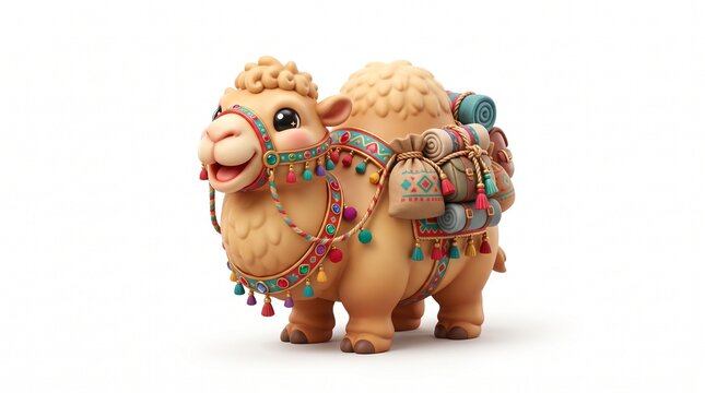 3D render of cute baby camel adorned with colorful jeweled harness, tassels and pack saddle with bedrolls. Christmas nativity and desert caravan concept isolated on white background.
