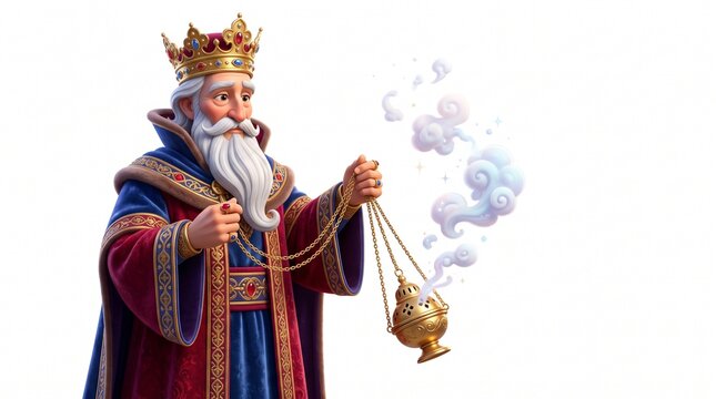 3D render of biblical wise man king in royal blue robes and crown holding a smoking golden censer. Christmas nativity and frankincense gift concept isolated on white background.