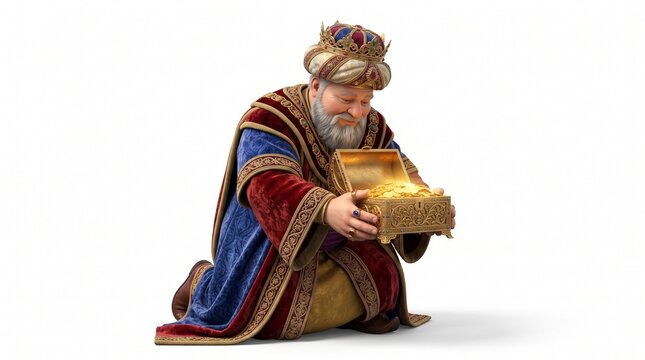 3D render of biblical wise man king kneeling and offering an open golden treasure chest filled with gold coins. Christmas nativity and Epiphany gift concept isolated on white background.