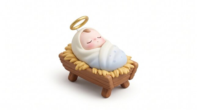 3D render of stylized baby Jesus figurine with golden halo sleeping in a wooden manger with straw. Minimalist Christmas nativity concept isolated on white background.