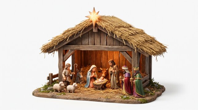 3D render of detailed Christmas nativity stable diorama with glowing star, holy family, wise men, shepherd and animals. Traditional holiday scene isolated on white background.