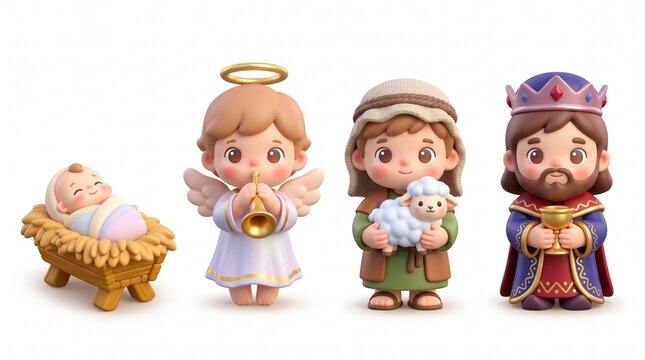 3D render of cute Christmas nativity figurines including baby Jesus in manger, angel with trumpet, shepherd with lamb and wise man king. Holiday set isolated on white background.