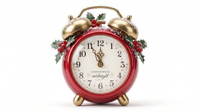 3D render of red vintage twin-bell alarm clock with gold bells, holly berries and snow showing countdown to midnight. New Year celebration concept isolated on white background.