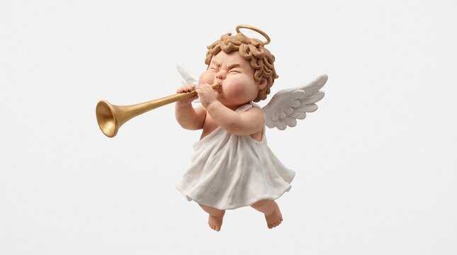 3D render of baby cherub angel with wings and golden halo blowing trumpet with puffed cheeks. Christmas holiday and herald angel concept isolated on white background.