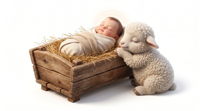 3D render of baby Jesus sleeping in wooden manger on straw with a fluffy lamb resting beside Him. Biblical Christmas nativity concept isolated on white background.