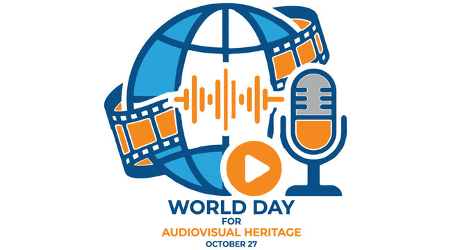 Audiovisual heritage emblem featuring globe, film reels, microphone and play button