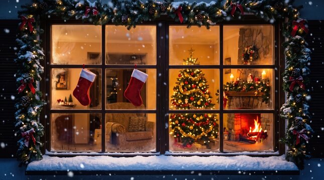 View through frosty window of cozy living room with christmas tree and fireplace stockings winter scene snowfall interior decorations holidays presents december