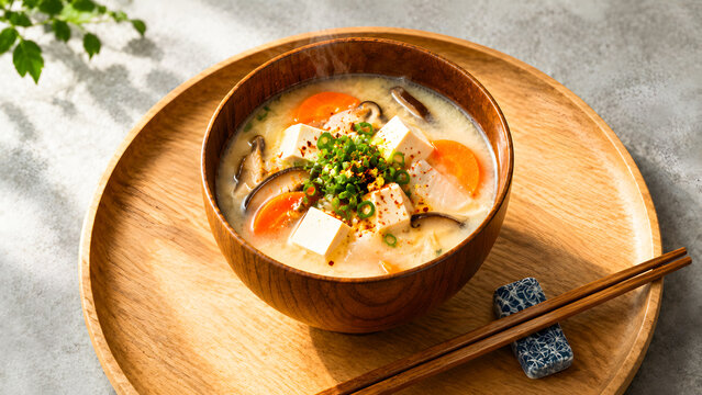 Steaming hot traditional Japanese miso soup served in a handcrafted wooden bowl featuring fresh tofu cubes carrots mushrooms and chopped green onions resting upon a circular wooden tray beside wooden 