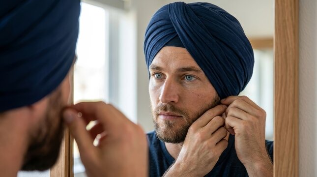 Sikh Man Carefully Adjusting Navy Blue Turban in Mirror Close-up