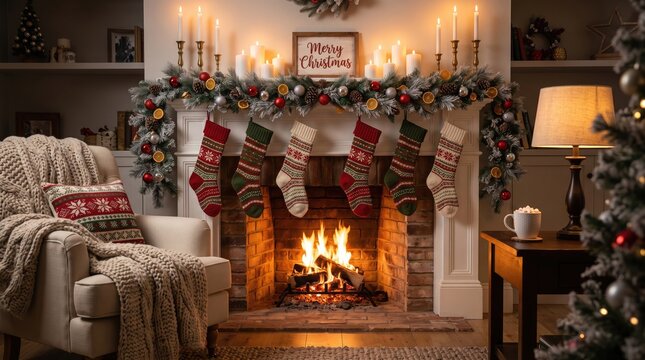 Cozy living room interior featuring a glowing fireplace mantel decorated with holiday stockings and pine garland christmas decoration celebration ornaments