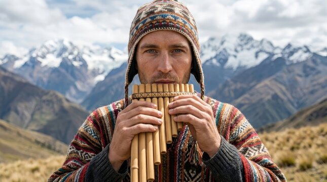 Man in Traditional Peruvian Dress Playing Panpipes in the Andes