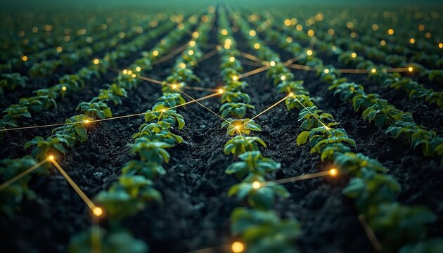 Futuristic agricultural plantation growing green plants illuminated by glowing yellow data network nodes stretching across soil
