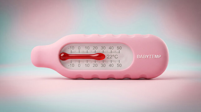 Close up shot of a pink baby room thermometer showing twenty two degrees celsius against a soft pastel pink and blue background with smooth studio lighting and gentle shadows, healthcare concept
