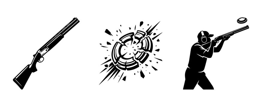 Sport shooting equipment and clay target explosion shown in a collection of pigeon graphics with range graphic design illustration
