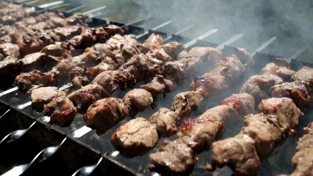 Smoke rises from rows of shashlik skewers on grill
