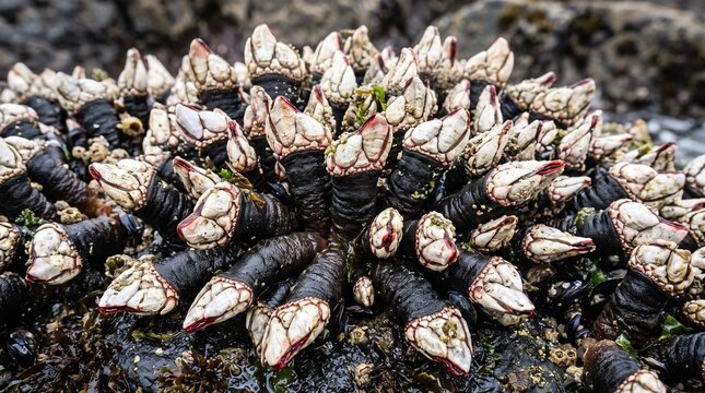 Goose barnacles growing on rocky shore in intertidal zone