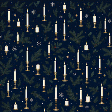 Ivory Christmas Candles and Golden Flames Seamless Pattern
